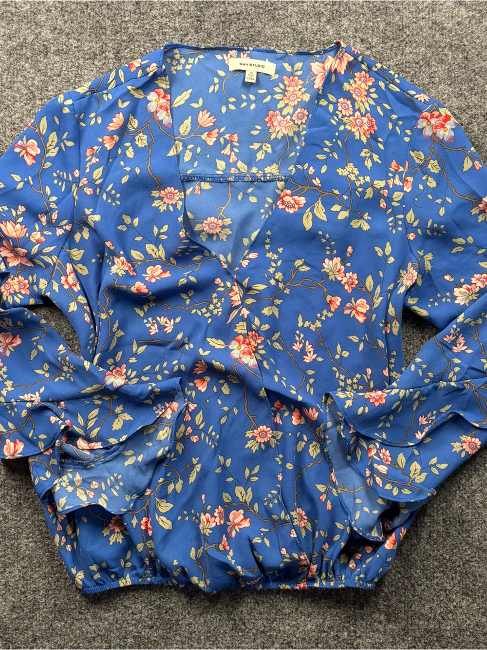 Blue Floral Ruffle-Trim Blouse